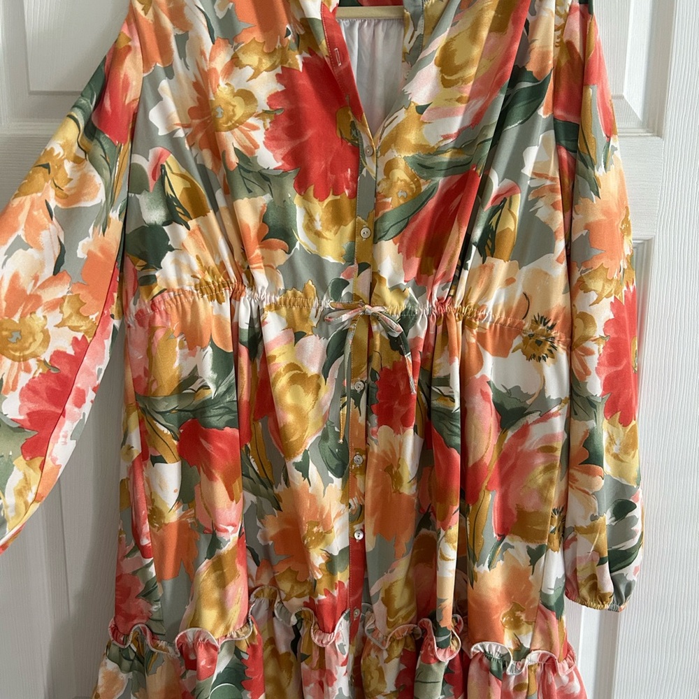 JODIFL Floral Tiered Button-Front Dress in Coral, Yellow & Green
